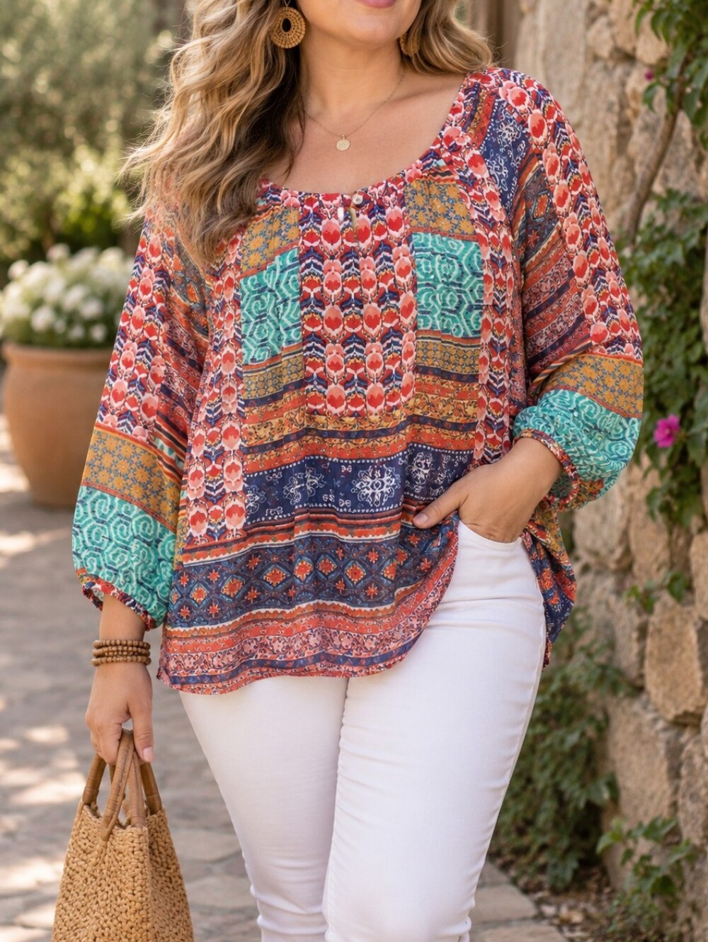 FIGUEROA & Flowers Multicolor Boho Peasant Blouse Coral Navy Mint Printed Top